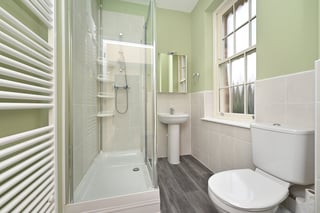 Modern bathroom with glass shower enclosure, white toilet, pedestal sink, green walls, and heated towel rail
