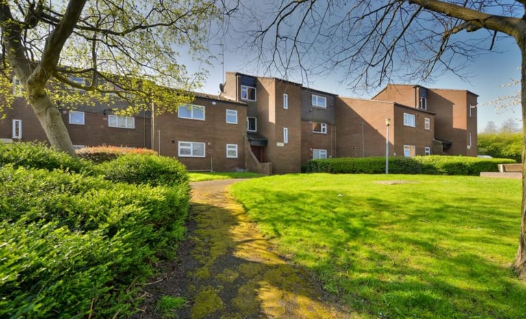 Modern brown brick residential apartments with manicured green lawn and leafy trees under clear blue sky