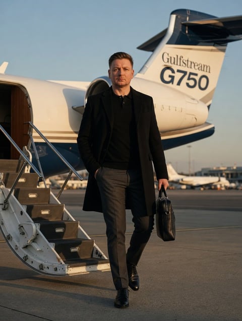Man in dark suit walking down airplane stairs from Gulfstream G750 private jet at airport